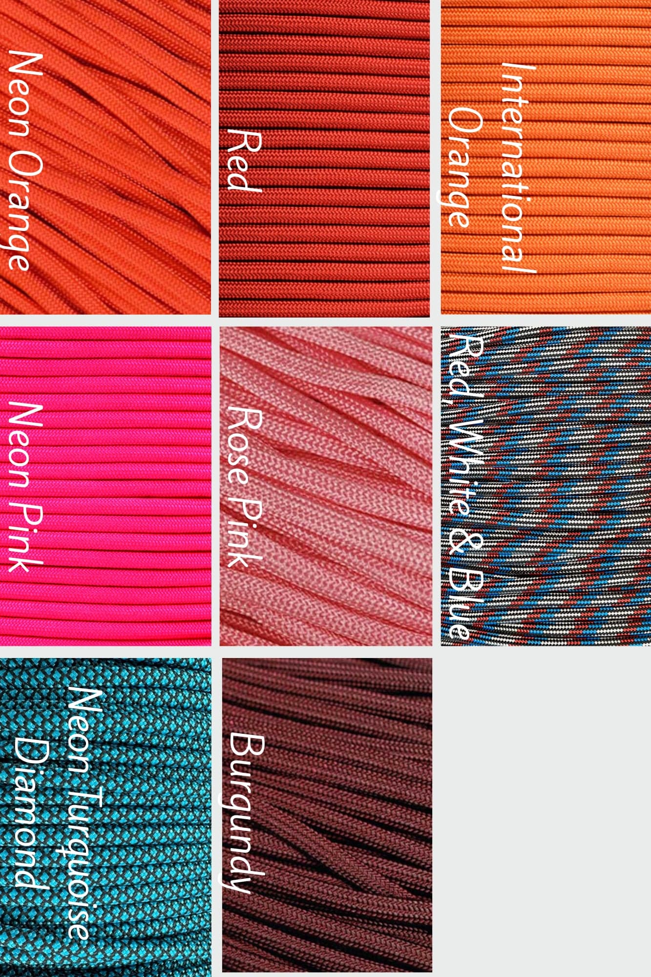 Color options: neon orange, red, international orange, neon pink, rose pink, red white and blue, neon turquoise diamond, and burgundy